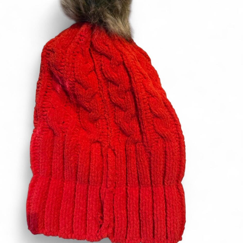 PJ Salvage Red Cable Knit Beanie with Faux Fur Pom